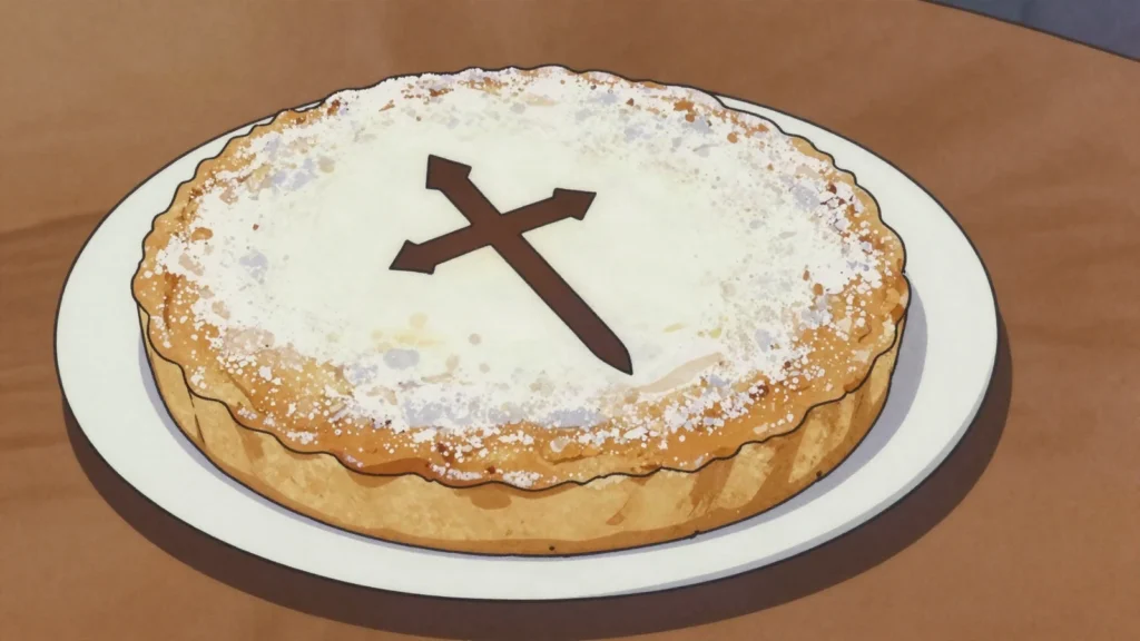 Tarta de Santiago, almond cake stenciled with the cross of Saint James, Spain dessert, anime style