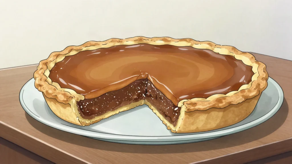 Tarte au sucre, shallow pie filled with brown sugar or maple and cream, baked until set, Canada dessert, anime style