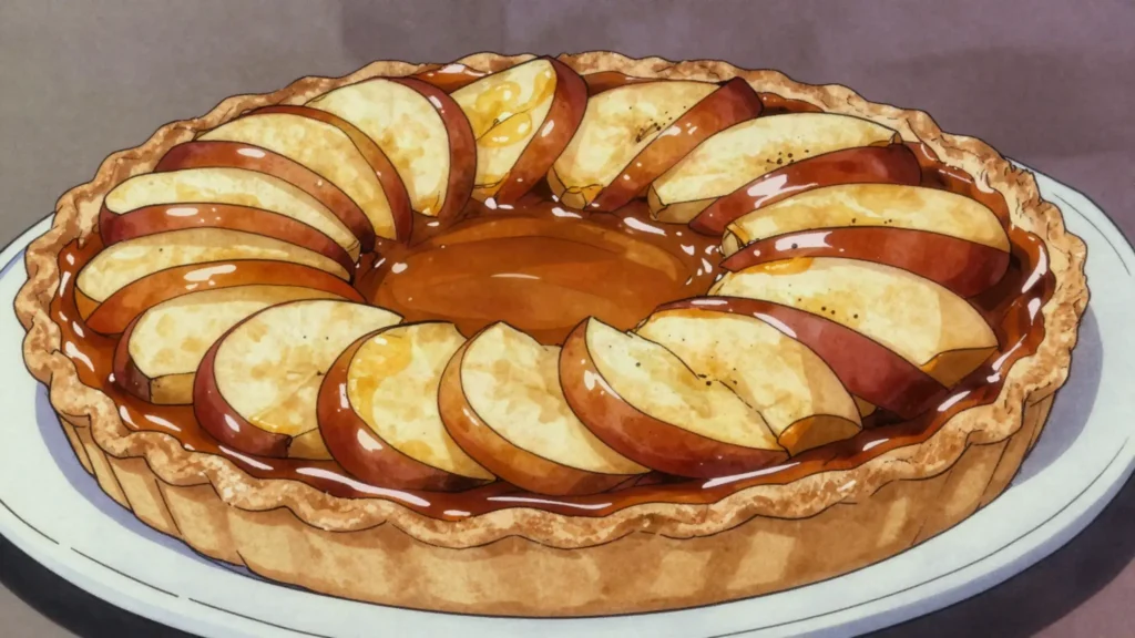 Tarte Tatin, caramelised upside-down apple tart, served warm, France dessert, anime style