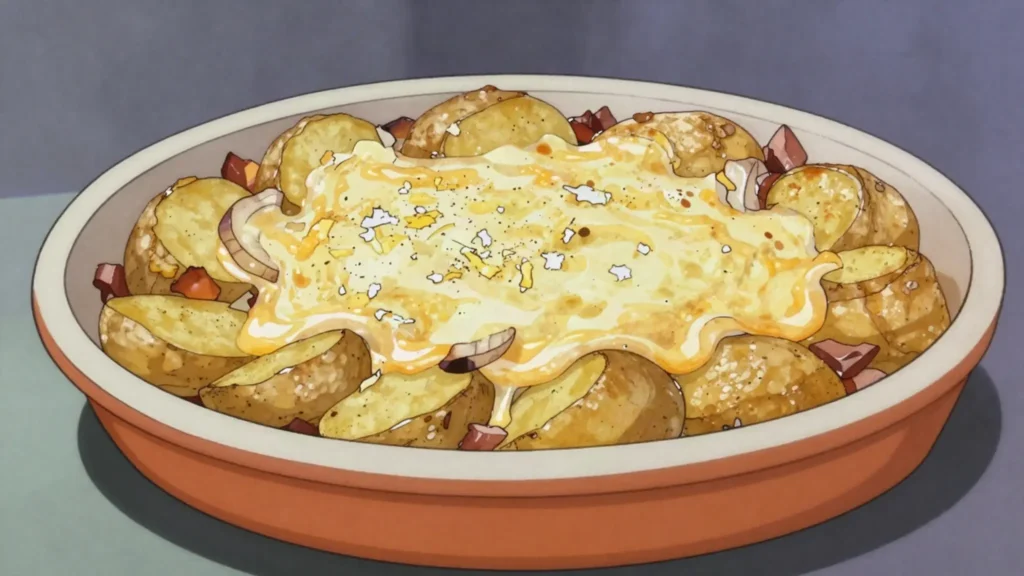 Tartiflette, potatoes baked with reblochon, lardons, onions; Alpine ski food, France main, anime style