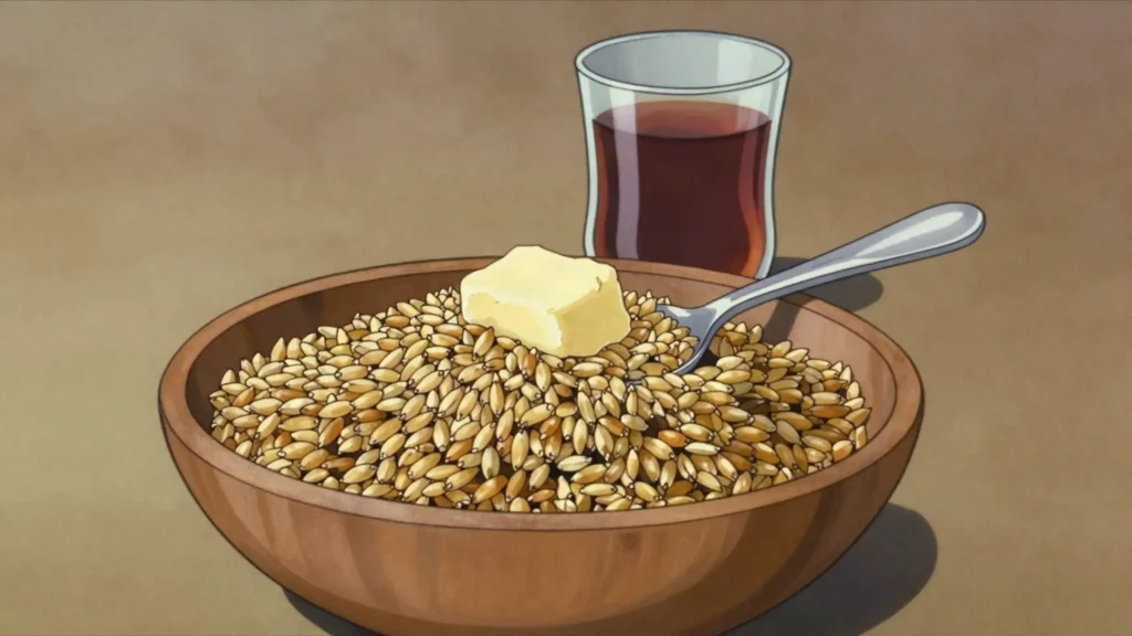 Tary, roasted millet grains eaten by the spoonful with tea, butter or cream, Kazakhstan snack, anime style