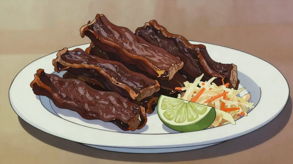 Tassot, dried marinated beef or goat, fried and served with pikliz, Haiti main, anime style