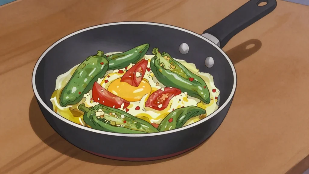 Tastira, fried green peppers, tomato and garlic scrambled with egg, Tunisia salad & side, anime style