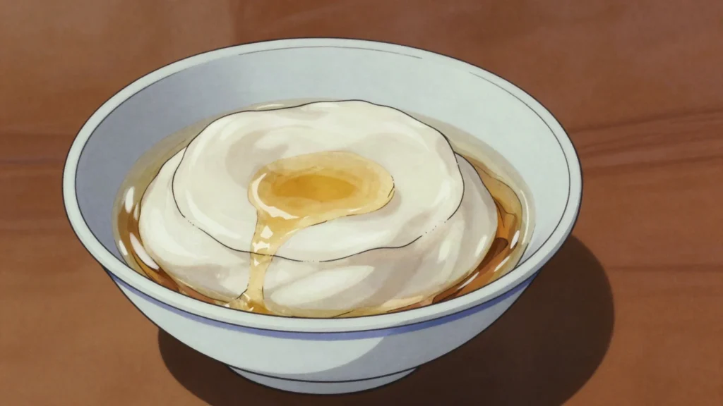 Tau Huay, silken soybean pudding served warm or cold with sugar syrup, Singapore dessert, anime style