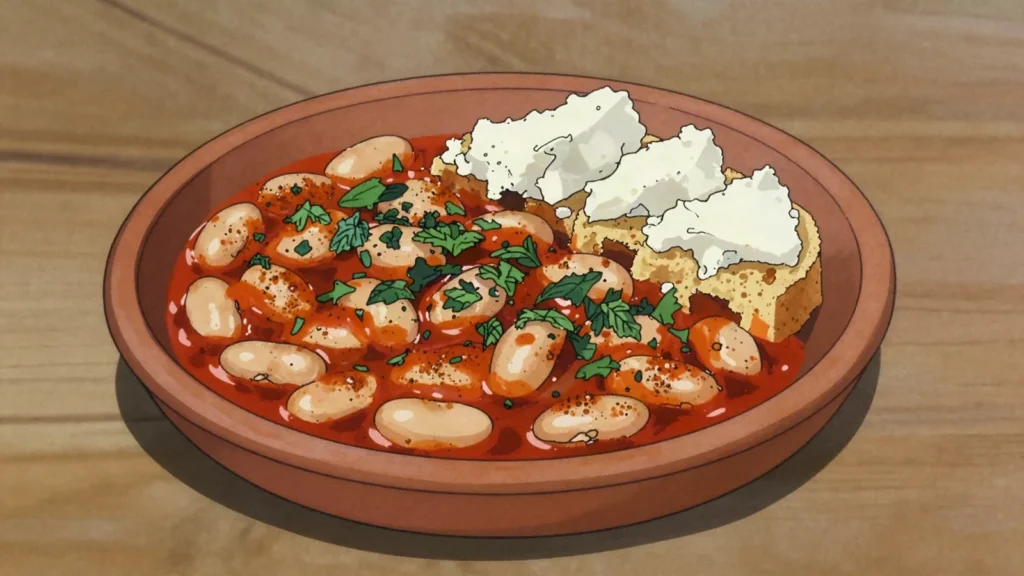 Tavče gravče, beans baked in a skillet with paprika, mint; national dish, North Macedonia main, anime style