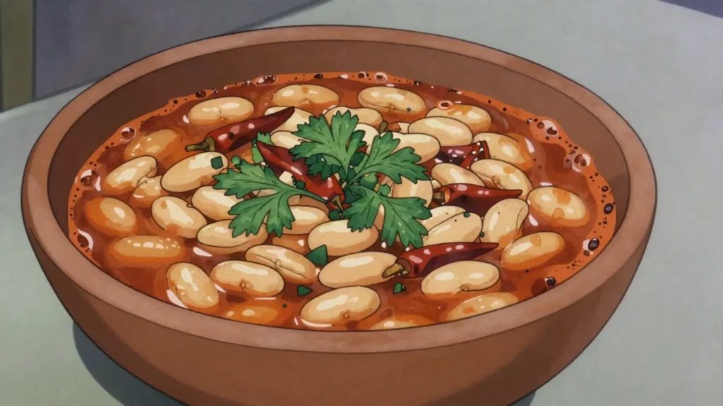 Tavë me groshë, baked bean stew served bubbling in earthenware, Kosovo soup & stew, anime style