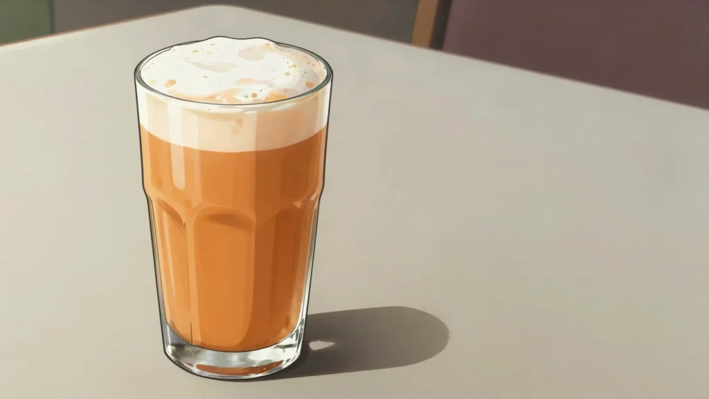 Teh Tarik, 'Pulled' frothy milk tea, theatrically poured at mamak stalls, Malaysia drink, anime style