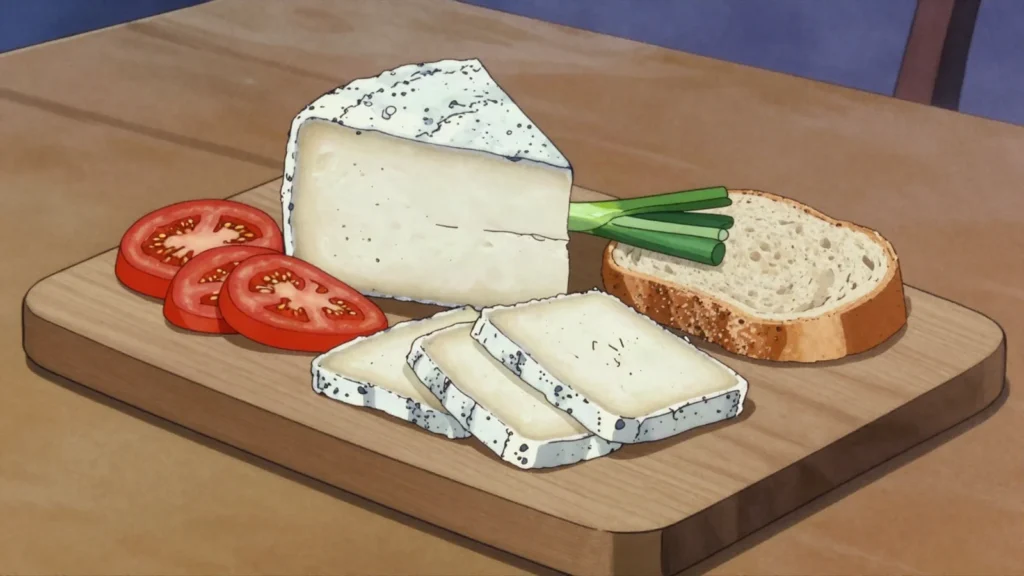 Telemea, white brined cheese sliced onto bread with tomatoes, Romania cheese & dairy, anime style