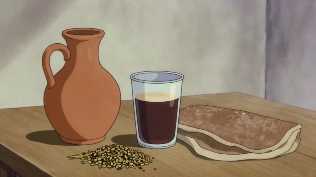 Tella, homebrewed dark beer of roasted barley and gesho, Ethiopia wine & spirit, anime style