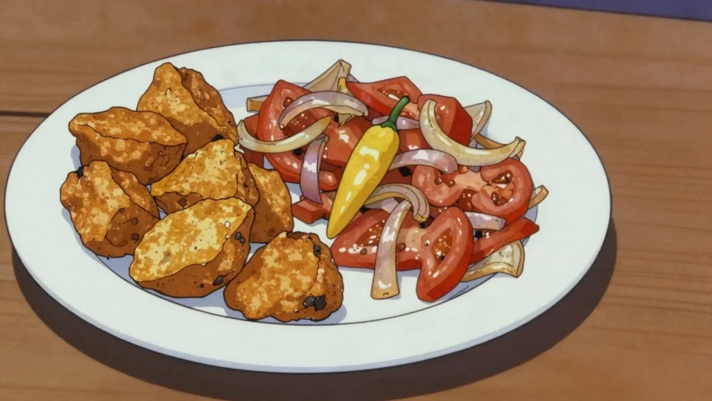 Telo, fried cassava chunks with salted fish bakkeljauw, Suriname snack, anime style