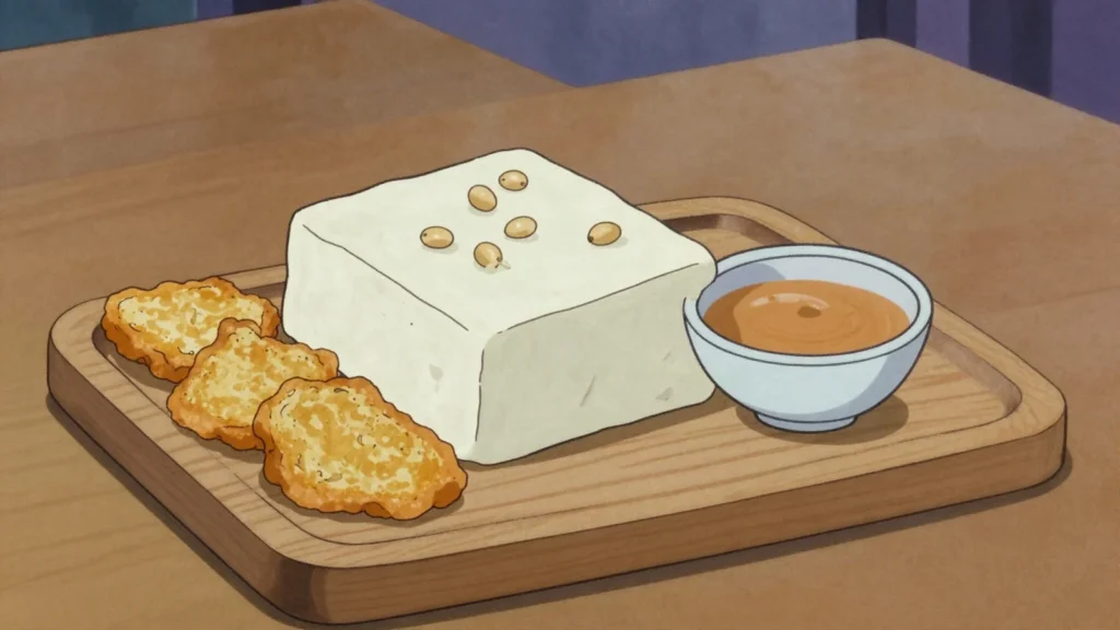 Tempeh, soybeans bound into a firm cake by white mould, nutty and dense, Indonesia fermented & pickled, anime style
