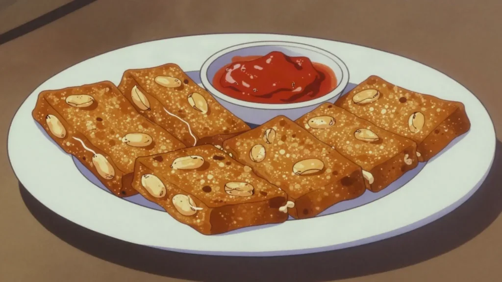 Tempeh Goreng, marinated fried fermented-soy slices, everyday protein, Indonesia snack, anime style