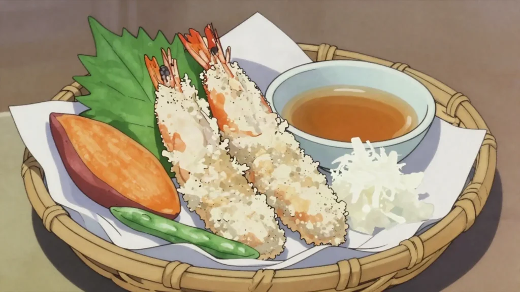 Tempura, seafood and vegetables in gossamer batter, fried and dipped in tentsuyu, Japan main, anime style