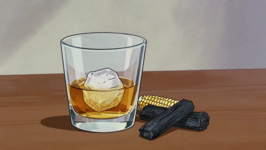 Tennessee whiskey, whiskey filtered through sugar maple charcoal before, United States wine & spirit, anime style