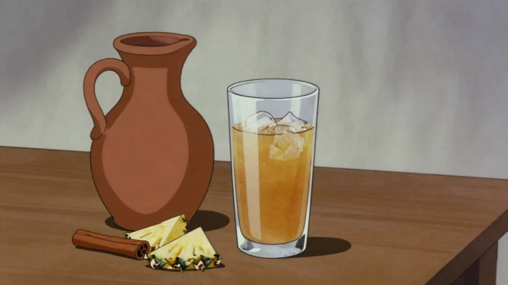 Tepache, lightly fermented pineapple rind drink with piloncillo and cinnamon, Mexico drink, anime style