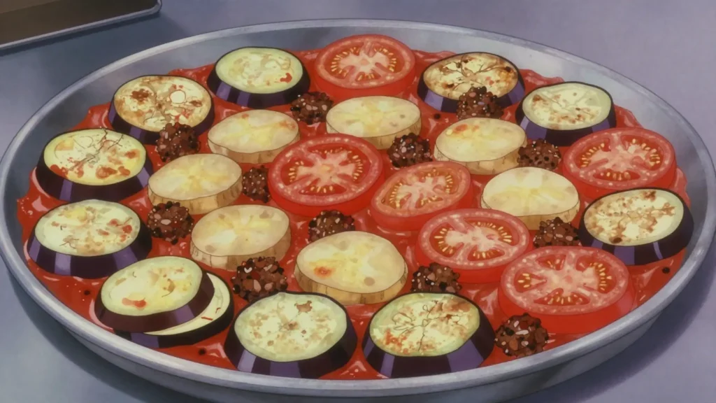 Tepsi baytinijan, tray of fried aubergine, meatballs, potato and tomato baked together, Iraq main, anime style