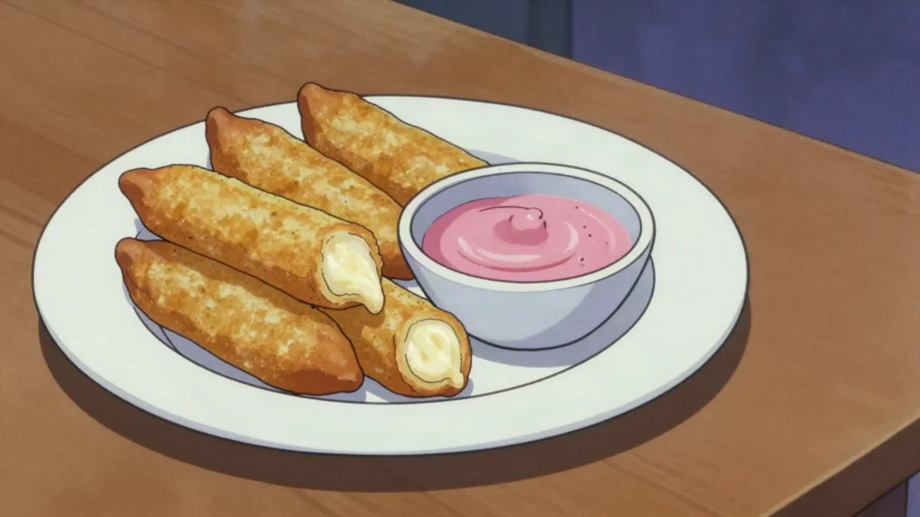 Tequeños, fried dough fingers wrapped around melting white cheese, party essential, Venezuela snack, anime style