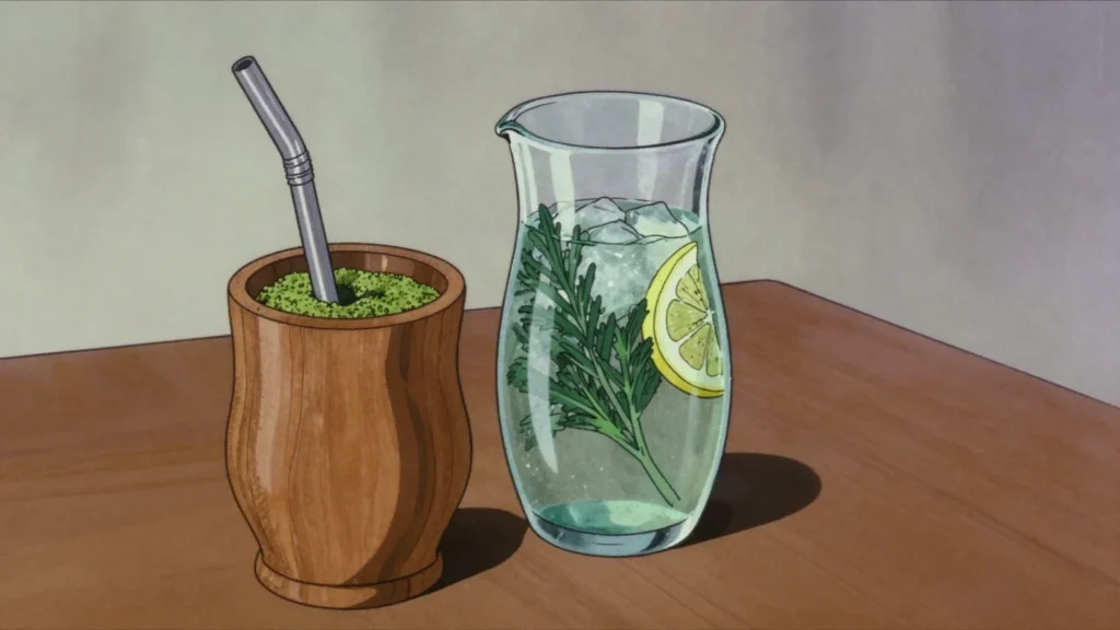 Tereré, ice-cold yerba mate with medicinal herbs, shared from a guampa, Paraguay drink, anime style
