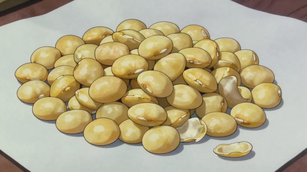 Termes, salted lupin beans soaked and brined, popped from their skins by hand, Egypt snack, anime style