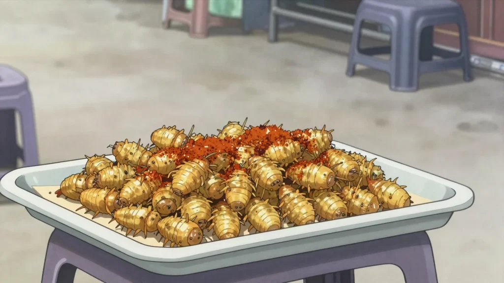 Termites grillés, winged termites caught at dusk and fried crisp in their, Central African Republic street food, anime style