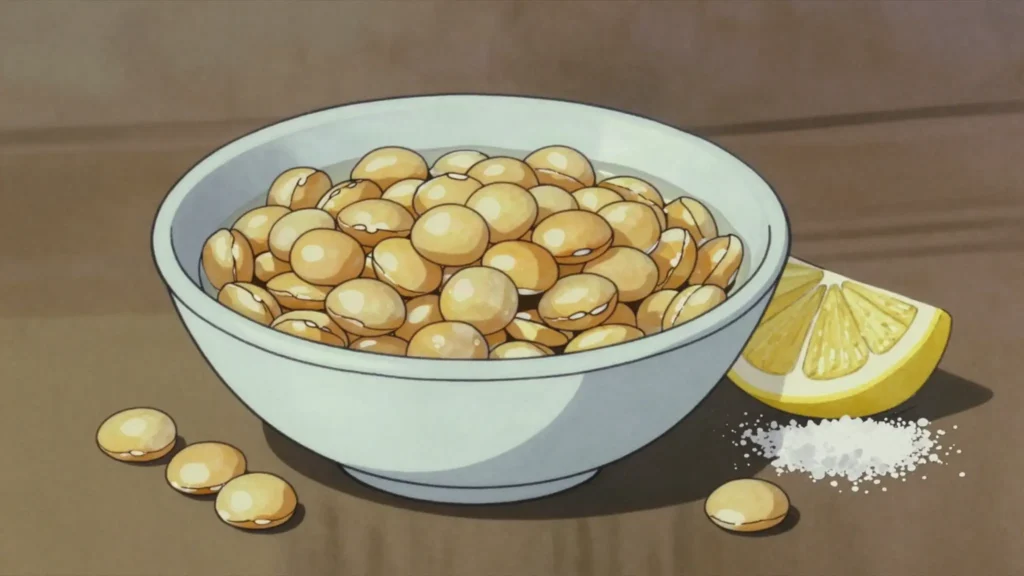 Termos, salt-brined lupin beans popped from their skins, eaten cold on the corniche, Lebanon snack, anime style