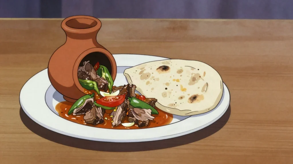 Testi kebabi, meat and vegetables slow-cooked in a sealed clay jug, cracked open at the table, Turkey main, anime style