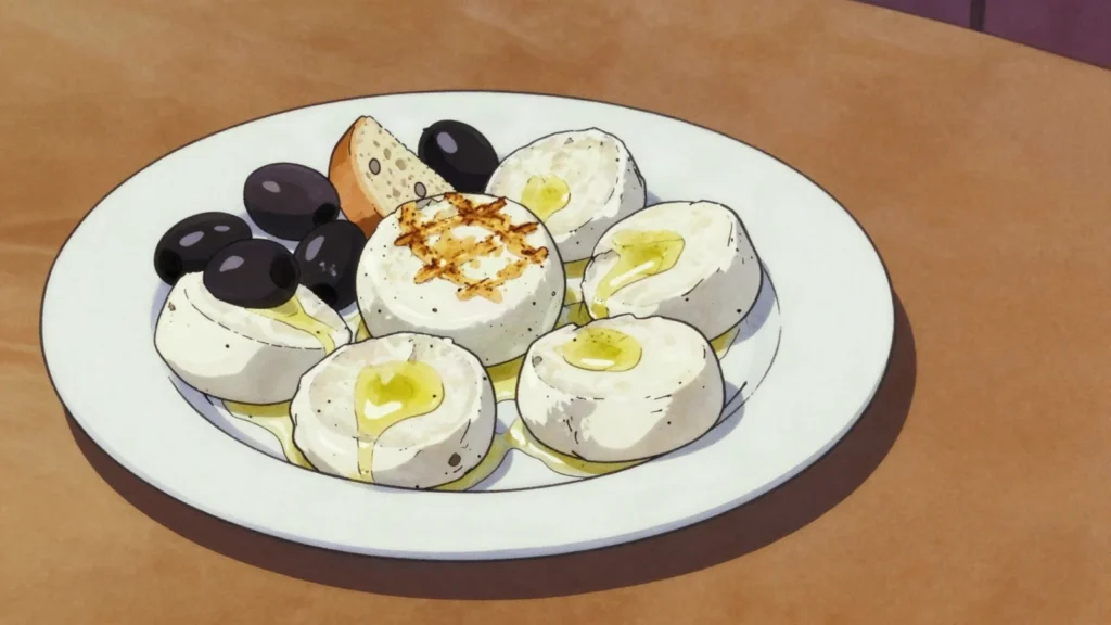 Testouri, firm salty sheep's-milk cheese, sliced and grilled or eaten with olives, Tunisia cheese & dairy, anime style