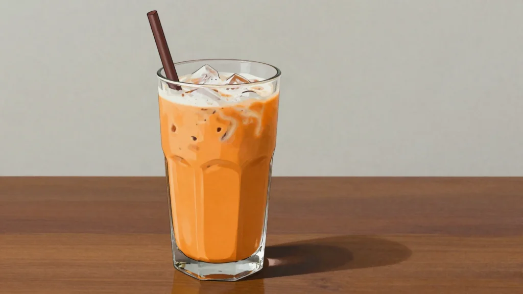 Thai Iced Tea, sweet orange-hued spiced tea poured over ice with condensed milk, Thailand drink, anime style