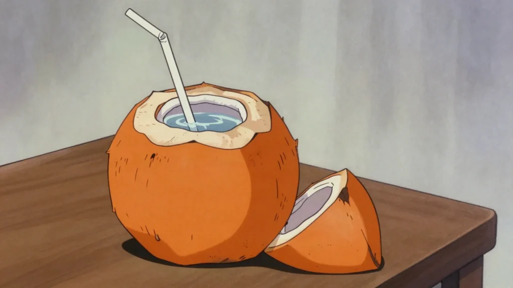 Thambili, king coconut water drunk straight from the orange nut, cut open to order, Sri Lanka drink, anime style