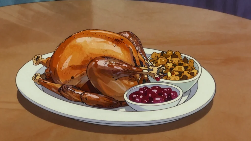 Thanksgiving turkey, roast turkey with stuffing, gravy, and cranberry sauce, United States main, anime style