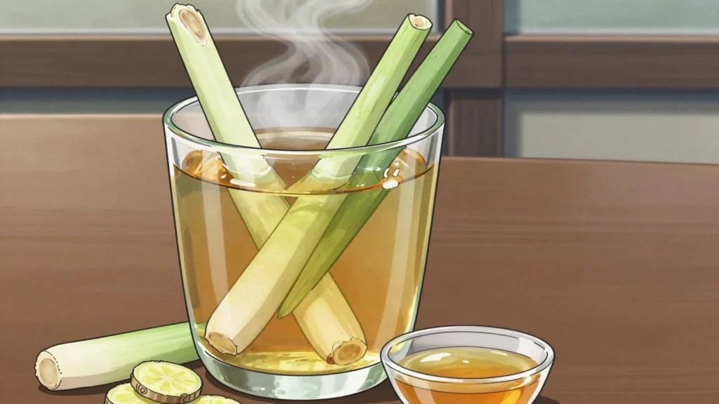Thé à la citronnelle, lemongrass leaves steeped with sugar and drunk hot, Comoros drink, anime style