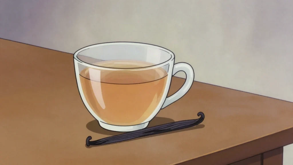 Thé vanille, black tea scented with vanilla, drunk sweet with milk in the afternoon, Mauritius drink, anime style