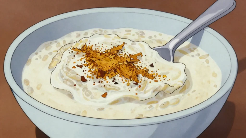 Thiacri, steamed millet couscous folded into sweetened sour milk with nutmeg, Guinea dessert, anime style