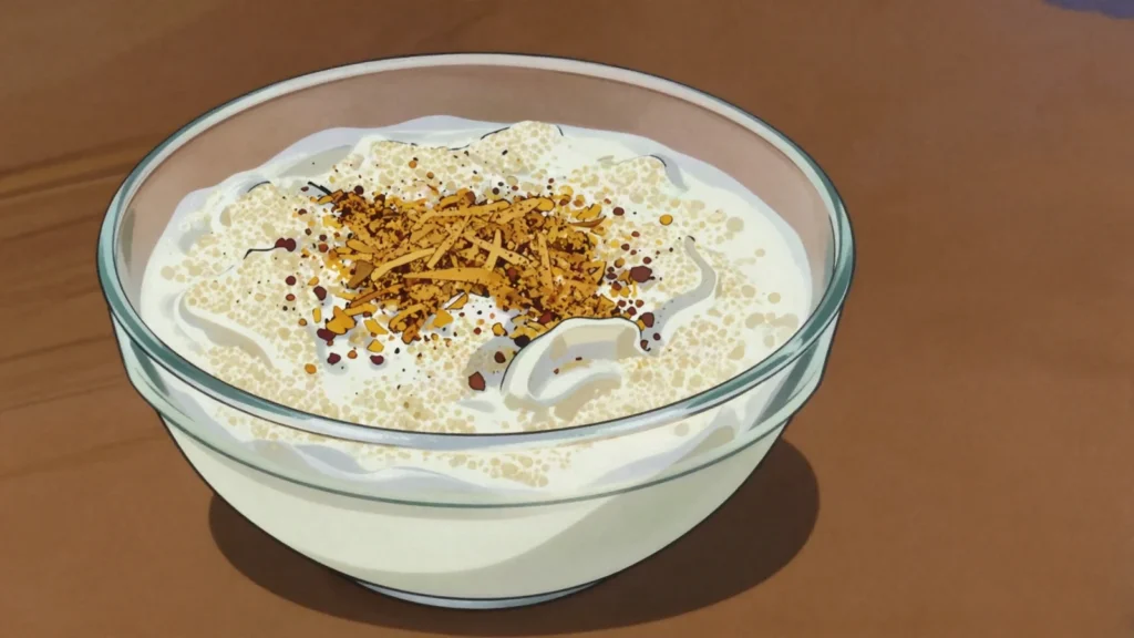 Thiakry, sweet millet couscous folded into creamy soured milk, Mauritania dessert, anime style