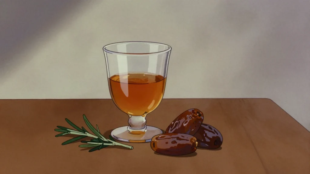 Thibarine, amber date and herb liqueur drunk as a digestif, Tunisia wine & spirit, anime style