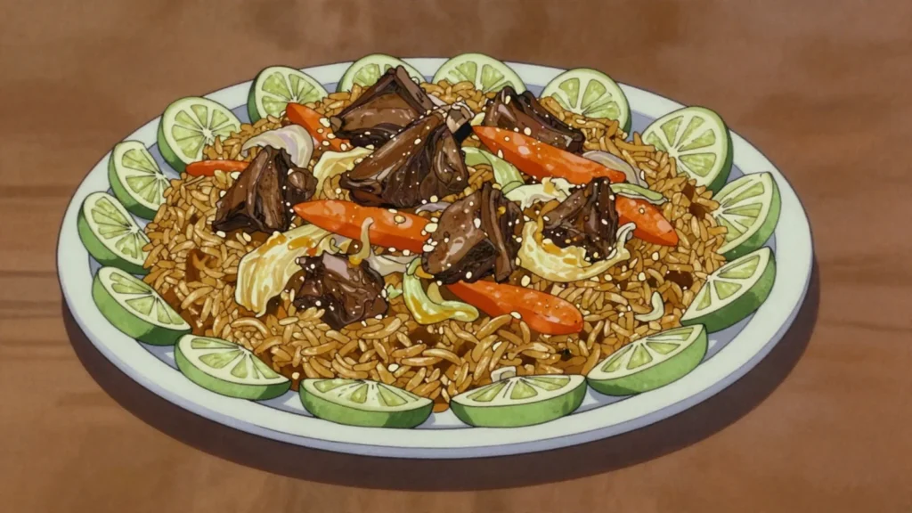 Thiebou yapp, festive rice cooked in seasoned oil with beef or lamb, Senegal main, anime style