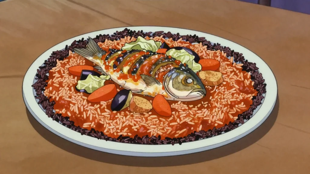 Thieboudienne, herb-stuffed fish cooked with rice and vegetables; shared national platter, Mauritania main, anime style