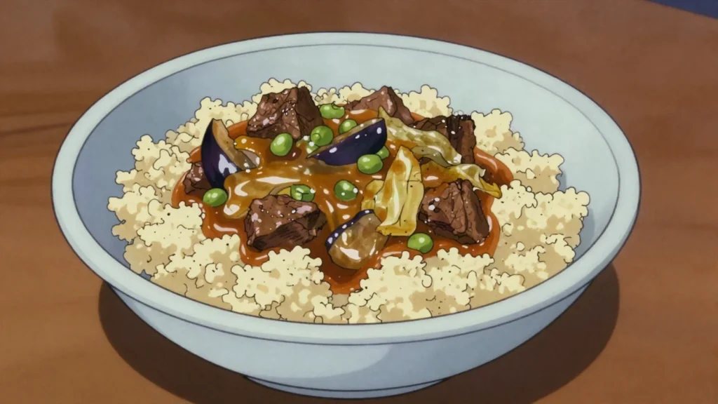 Thiéré, steamed millet couscous with meat and vegetable-bean sauce, Senegal main, anime style
