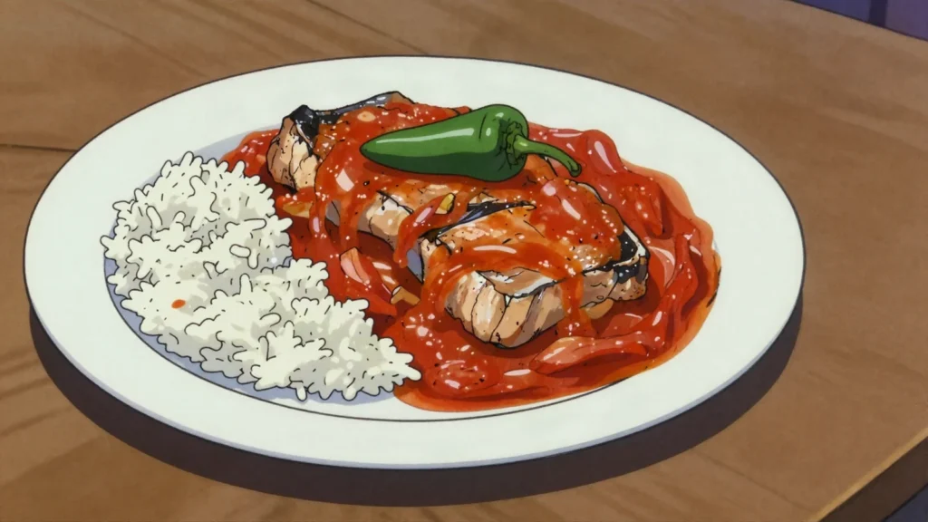 Thiou, tomato or clear onion stew of fish or meat, ladled over white rice, Senegal soup & stew, anime style