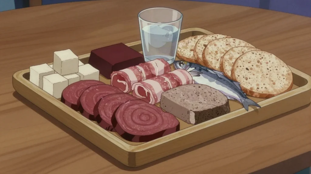 Þorramatur, midwinter platter of soured ram testicles, blood pudding, shark and, Iceland fermented & pickled, anime style