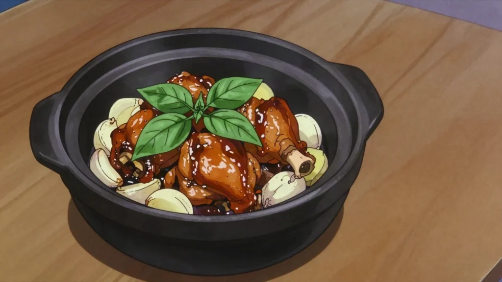 Three Cup Chicken, chicken braised in soy sauce, rice wine and sesame oil with basil, Taiwan main, anime style