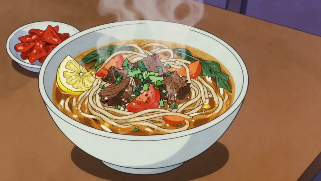 Thukpa, tibetan-style hot noodle soup with meat and vegetables, Nepal soup & stew, anime style