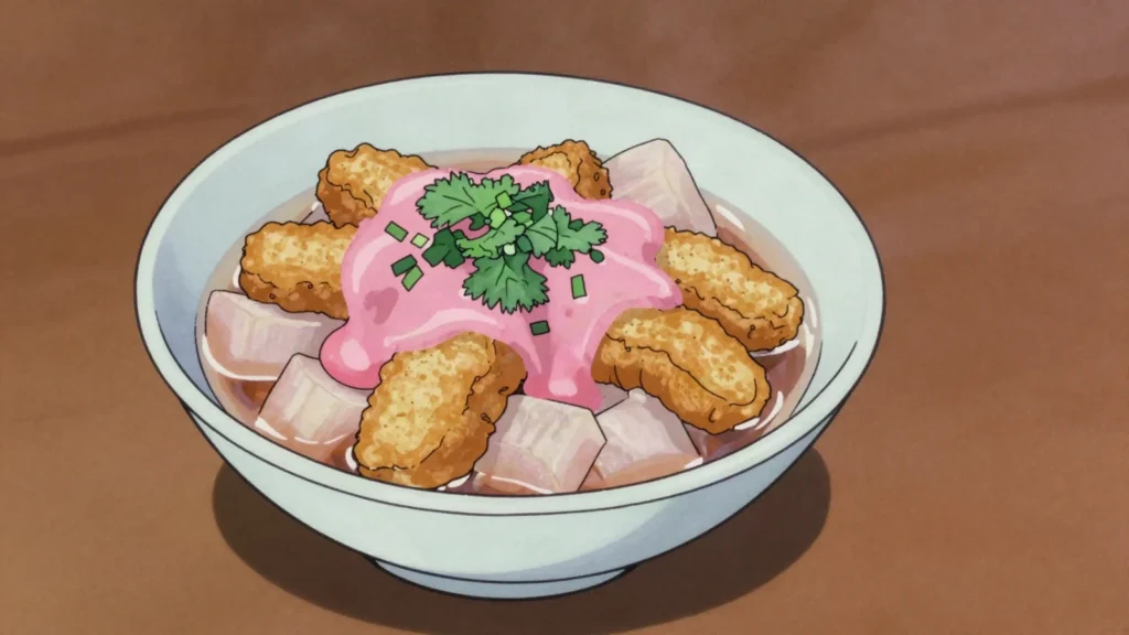 Tian Bu La, fried fishcake pieces simmered in broth with sweet sauce and daikon, Taiwan street food, anime style