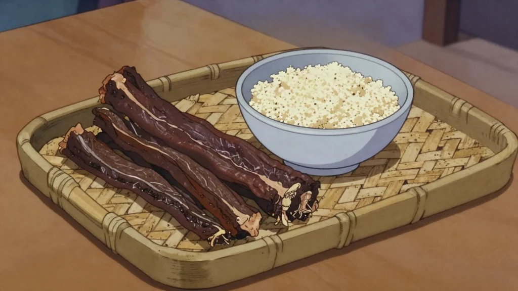 Tichtar, sun-dried strips of camel or beef, eaten plain or in couscous, Mauritania charcuterie & cured, anime style