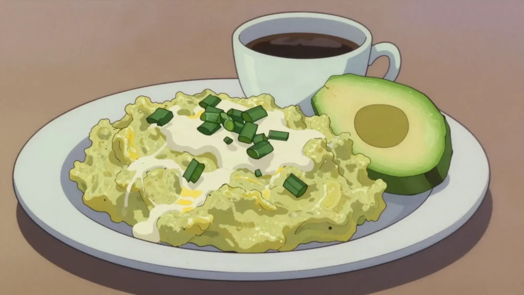 Tigrillo, scrambled mashed green plantain with egg and cheese, Ecuador breakfast, anime style