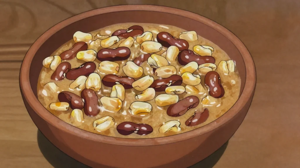 Tihove, cracked maize simmered slowly with groundnut flour and beans, Mozambique main, anime style