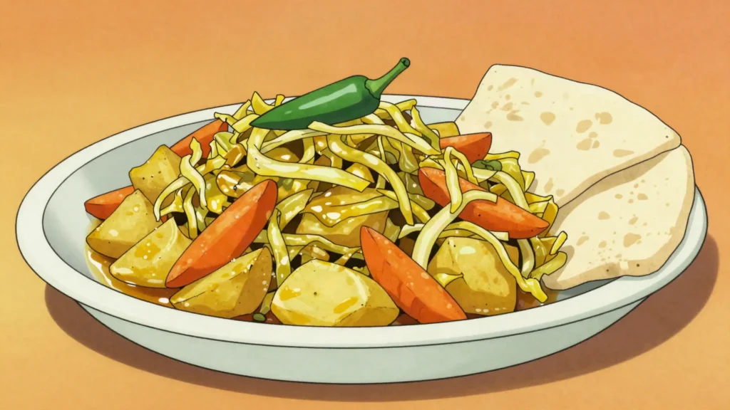 Tikil gomen, turmeric-braised cabbage, carrots and potatoes, Ethiopia salad & side, anime style