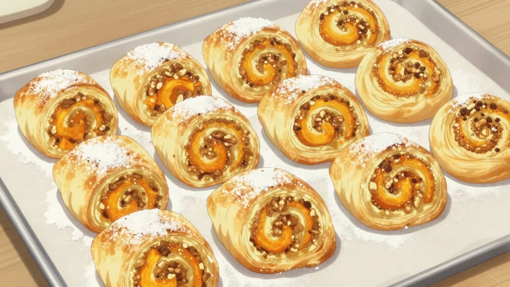 Tikvenik, filo pastry coil filled with grated pumpkin, walnut and cinnamon, Bulgaria bread & pastry, anime style
