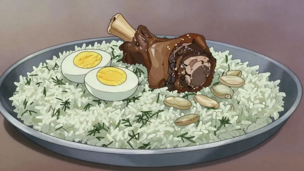Timman bagilla, dill rice with fava beans, topped with lamb shank or egg, Iraq main, anime style