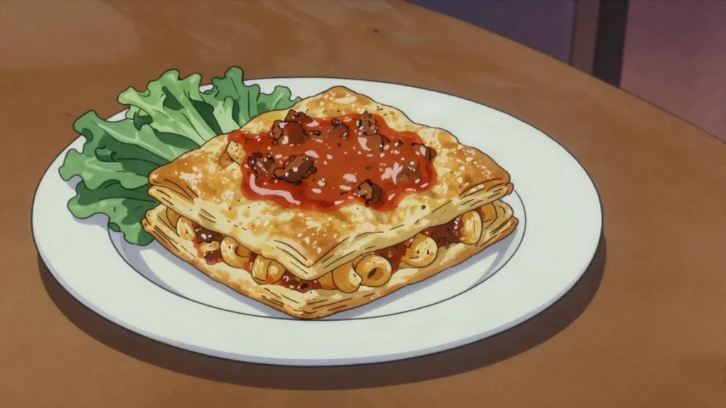 Timpana, baked macaroni and meat pie encased in pastry, Malta main, anime style